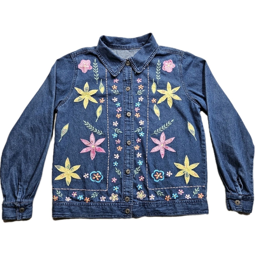 Grandmacore Shacket Womens Medium Blue Embroidered‎ Floral Flowers Button Front